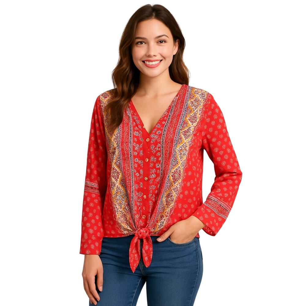 West Kei Red Boho Print Button-Front Top – Size L